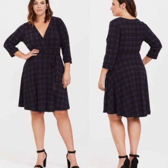 Torrid Acas Studio Knit Purple Plaid Wrap Dress 1X - Picture 1 of 14